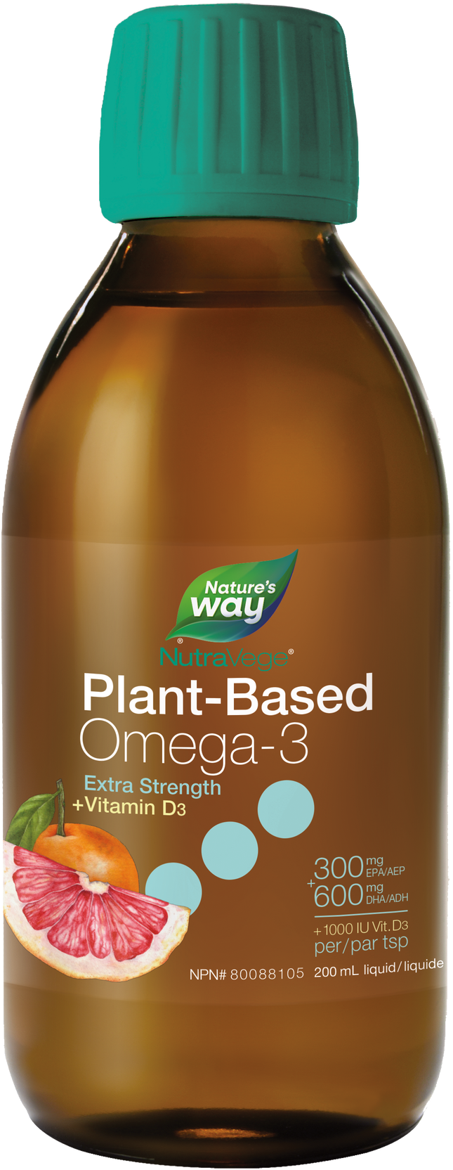 NATURE'S WAY NUTRAVEGE OMEGA-3 PLANT EXTRA STRENGTH + VITAMIN D3 GRAPEFRUIT TANGERINE 200ml
