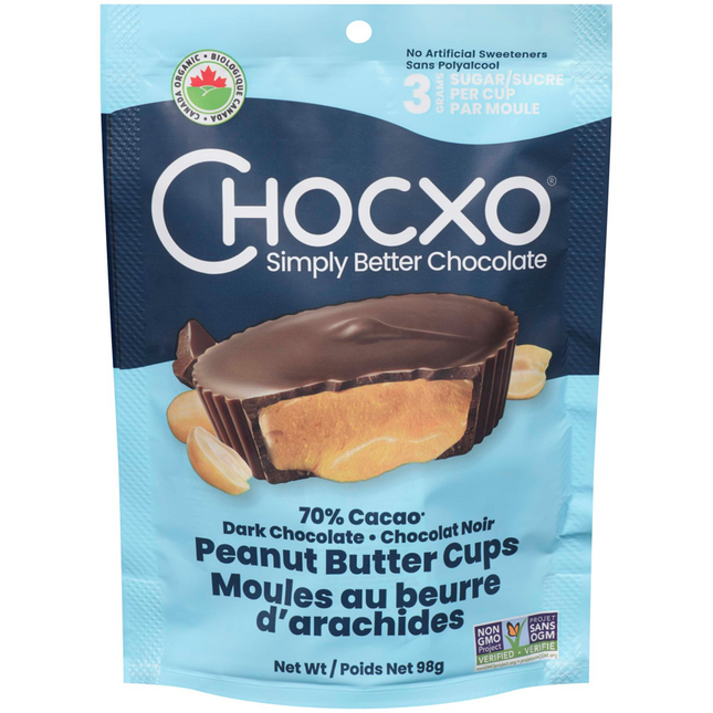 CHOCXO ORG PEANUT BUTTER CUPS 98G