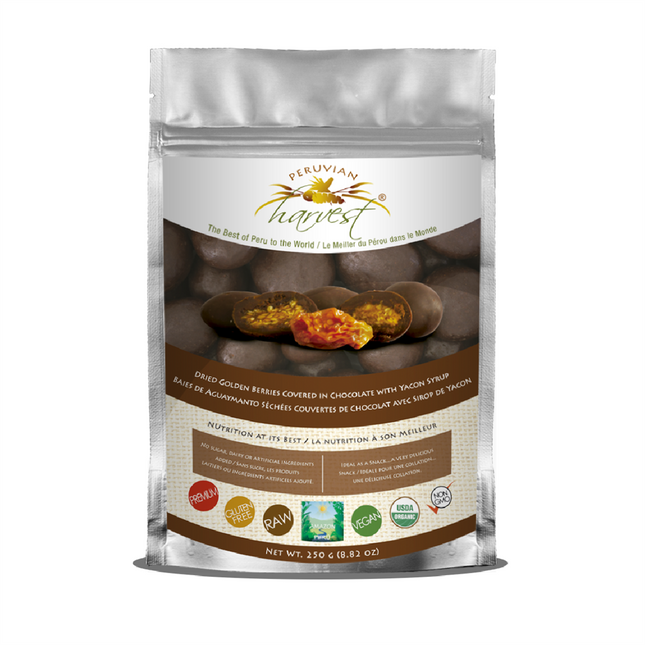 PERUVIAN HARVEST DRIED GOLDEN GOLDEN BERRIES CHOCOLATE WITH YACON SYRUP 250g
