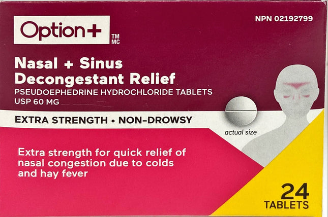 OPTION+ NASAL+SINUS DECONGESTANT RELIEF 60MG 24TABS