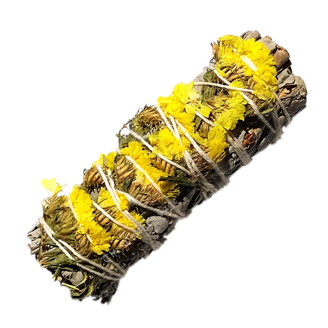 CELEBRATION HERBALS SMUDGE WAND SAGE AND YELLOW SINUATA FLOWER 4 INCH