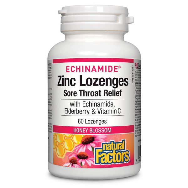 NATURAL FACTORS ECHINAMIDE ZINC LOZENGES SORE THROAT RELIEF HONEY BLOSSOM 60 LOZENGES