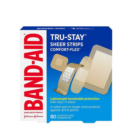 BAND-AID SHEER STRIPS PLASTIC COMFORT-FLEX ASSORTED SIZES 80pcs