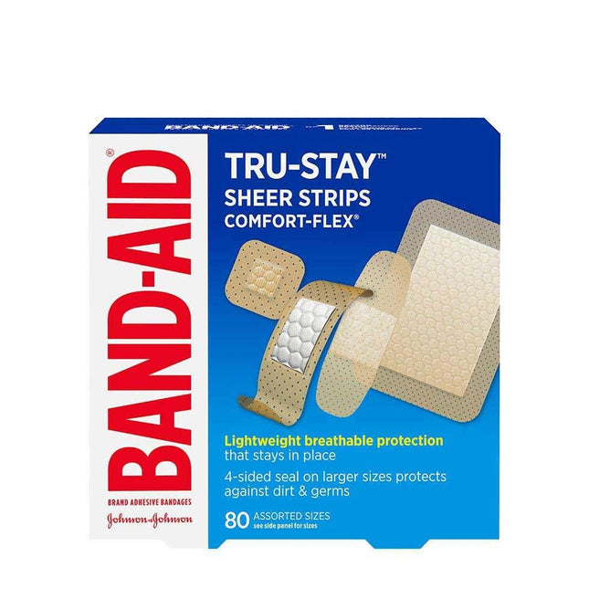 BAND-AID SHEER STRIPS PLASTIC COMFORT-FLEX ASSORTED SIZES 80pcs