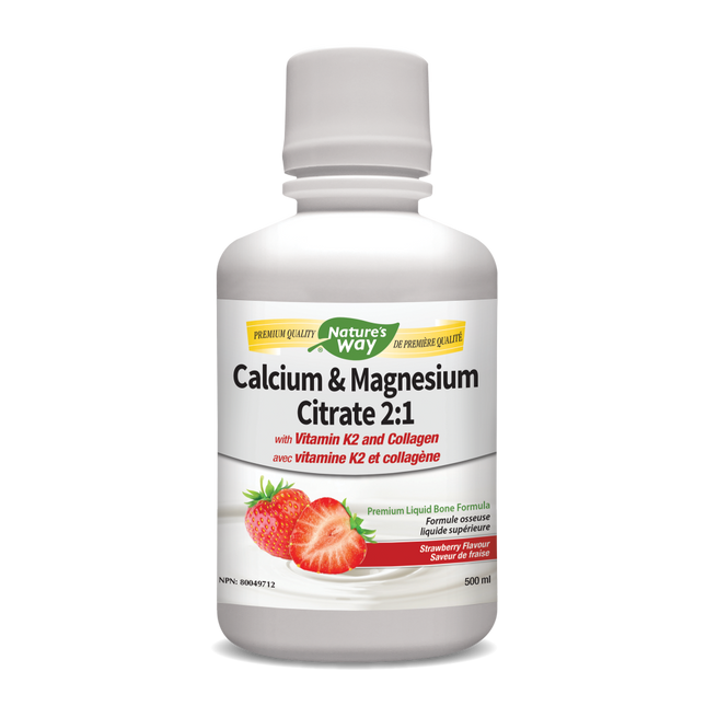 NATURE'S WAY 钙和柠檬酸镁 2:1 含维生素 K2 和胶原蛋白 - 草莓味 500 毫升