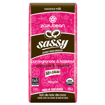 ZAZUBEAN SASSY 55% Cacao with Coconut Milk, Pomegranate & Hazelnuts 85g