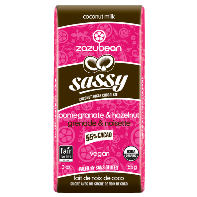 ZAZUBEAN SASSY 55% Cacao with Coconut Milk, Pomegranate & Hazelnuts 85g